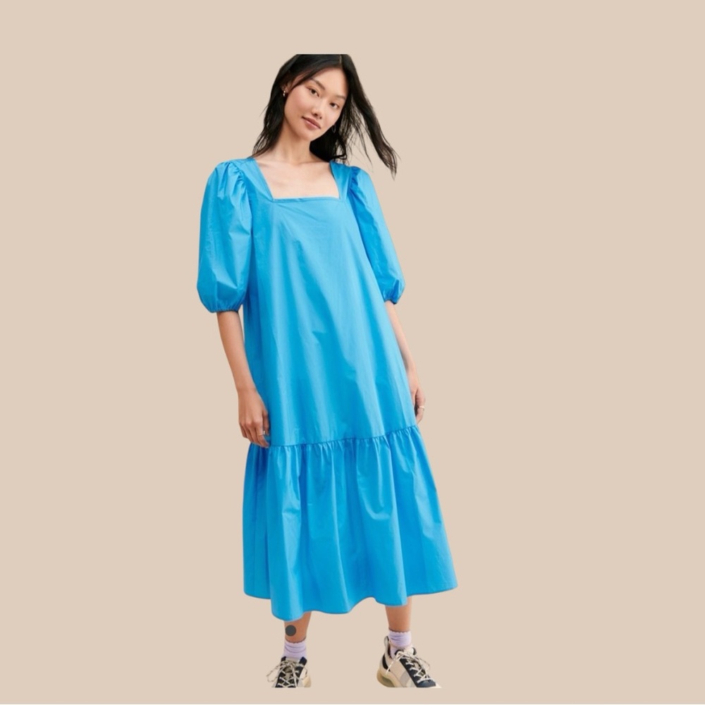 FreePeople Elegant Blue Puff Sleeve Cotton Dress